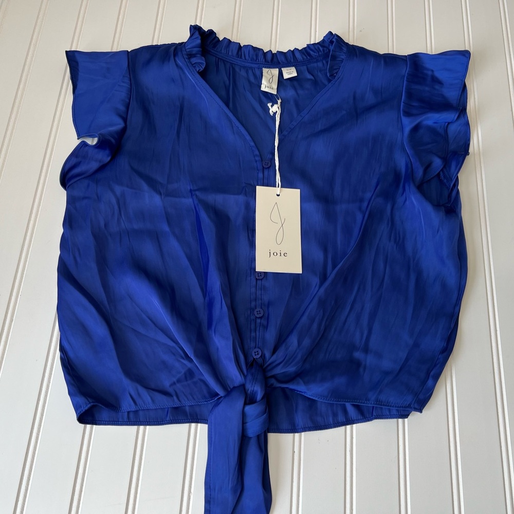 Joie Women's Blue Ruffle Neck Cap Sleeve Tie Waist Top Blouse Small NEW